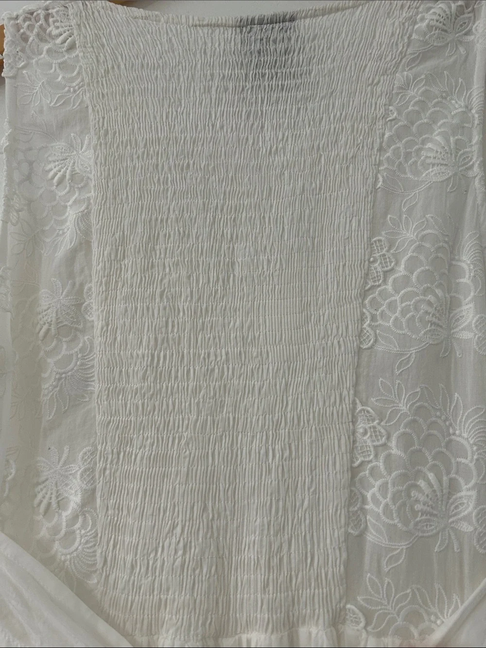 White Lace Bohemian Maxi Dress Tiered Smocked Empire Waist Embroidered Bridal - Picture 14 of 16